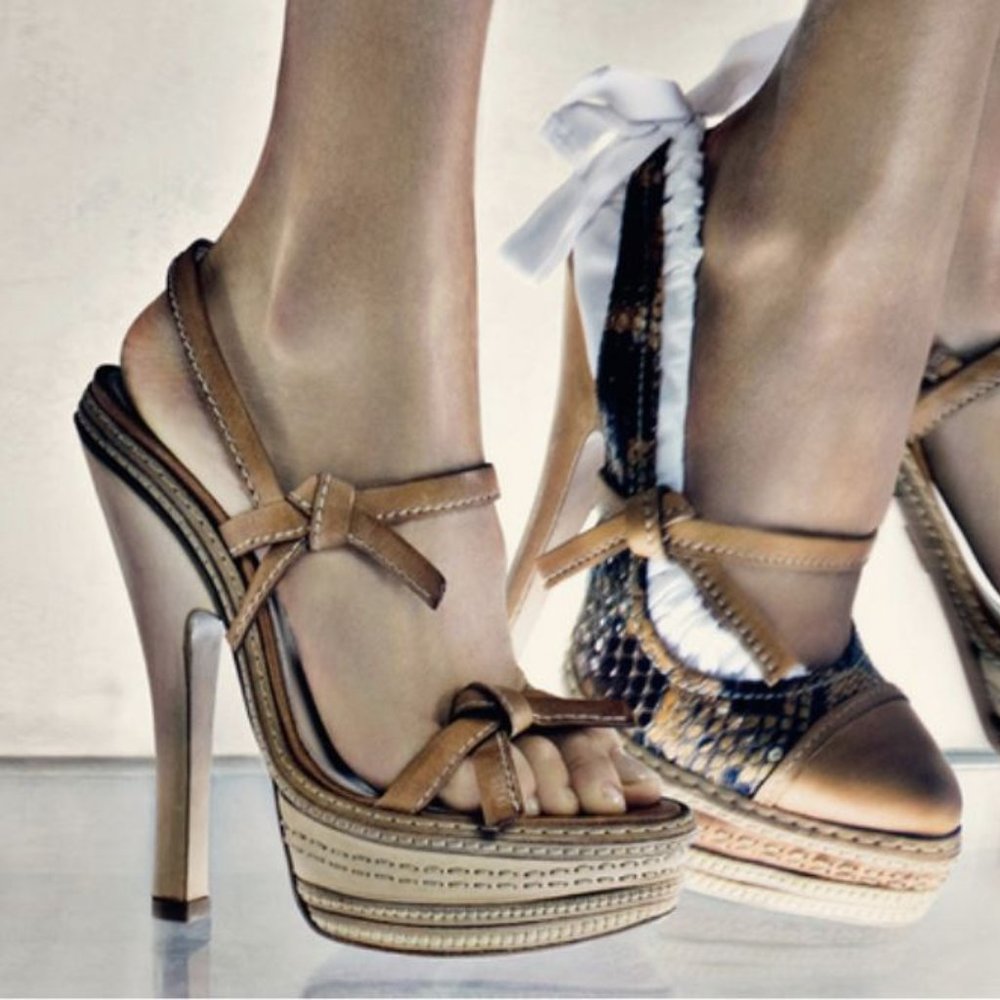 Prada Vintage 2009 Black Leather Whipstich High Heel Platform Sandals Sz 39.5/ 9 - Picture 2 of 8